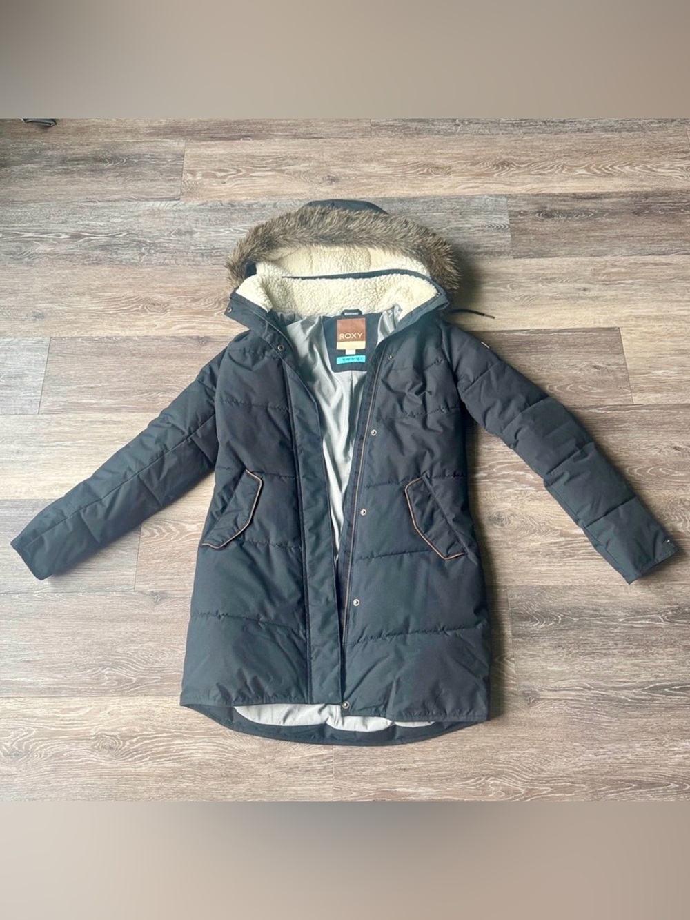 Roxy Women's Black Puffer Parka with Faux-Fur Hood